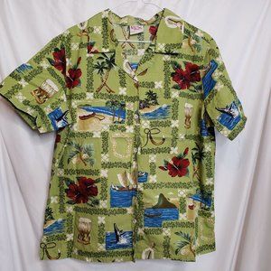 Vintage Hawaiian Camp Shirt Size Large Barefoot In Paradise Cotton Green